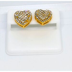 Womens Iced Out Pave Heart Stud Earrings Gold Plated with CZ stones